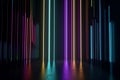 3d render abstract vertical neon lines glowing in the dark room with copy space, AI generated