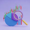 Pie Chart and Candlestick Chart with Magnifying Glass on Purple Background data statistics Royalty Free Stock Photo