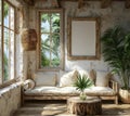 A 3d render featuring a mockup frame of a Spanish villa& x27;s living room interior Royalty Free Stock Photo