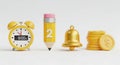 Time, Education, Money 8 AM Alarm, Pencil, Coins, Bell Royalty Free Stock Photo