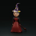 3D render of a female witch holding its stick broom on a black background - Halloween holiday