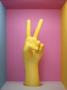 3d render, female yellow artificial hand victory sign, mannequin body part isolated on pink background inside square box