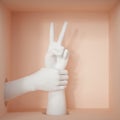 3d render, feminist protest concept, white female hands, victory sign gesture, mannequin body parts isolated on peachy background