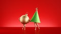 3d render, festive Christmas tree ornaments, couple of cartoon characters with golden legs, green cone and glass ball Royalty Free Stock Photo