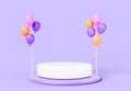 3d render festive podium display with color balloons on purple background. Pedestal for product presentation, prize