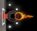 3D render of fiery basketball ball flying to hoop on black background