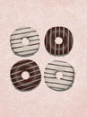 3d render flat lay scene..Chocolate black and white donuts on textured beige background. Donuts lover concept. Minimalistic