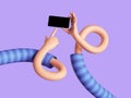 3d render, flexible cartoon character arms, human hands hold smart phone, index finger pointing to blank screen. Online game