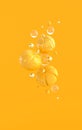 3d render floating pumpkin on yellow colored background space. Minimal concept. Holiday decoration, golden and yellow pumpkin for