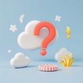 3D Render of Floating Question Mark with Clouds and Abstract Shapes on Blue Background. Royalty Free Stock Photo