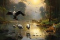 3d render of a flock of storks on the lake in the forest, A shallow river with transparent water and a group of herons hunting for