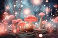 3d render of fly agaric mushroom in a forest with bokeh lights, 3d illustration of abstract background with bokeh lights and