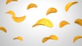 3d render. Flying crispy potato chips on white background. Depth of field Focus