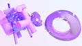 3d render, flying geometric shapes on abstract background. Glass or crystal hologram rings, glossy tubes, pink and