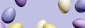 3d render of flying pastel colored Easter eggs on a violet color of the year 2022 background Royalty Free Stock Photo