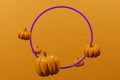 3d render flying purple ring with pumpkins on orange background