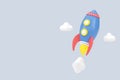 3d render Flying space rocket. and clouds. Launch business product on market. Spaceship and copy space for text