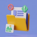 3d render of folder with document error notifications and file upload issues Royalty Free Stock Photo