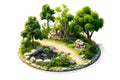 3D render of a forest scene, rocks, flowers, trees, and a bench Royalty Free Stock Photo