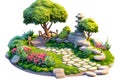 3D render of a forest scene, rocks, flowers, trees, and a bench Royalty Free Stock Photo