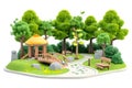 3D render of a forest scene, rocks, flowers, trees, and a bench Royalty Free Stock Photo