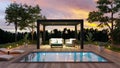 3D render front view of outdoor pergola o pool deck at sunset Royalty Free Stock Photo