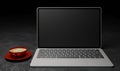 3d render front view red cup coffee with a laptop scene