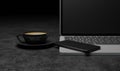 3d render front view smartphone on laptop and black cup coffee