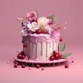 3d Render Fuchsia Dripping Cake With Cherry Blossoms