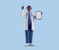 3d render, full body african cartoon character. Black doctor wears glasses, shows finger up, holds clipboard with blank paper. Royalty Free Stock Photo