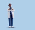 3d render, full body african cartoon character. Confident trustworthy doctor wears glasses and looks at camera. Proud professional
