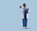 3d render, full body african cartoon character. Dark skin doctor wears glasses and holds blue clipboard. Smart professional male