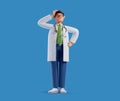 3d render, full body length cartoon character doctor looks confused. Thinking caucasian man touches head. Medical clip art Royalty Free Stock Photo