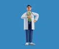 3d render, full height cartoon character, smart proud confident doctor wears glasses and shows thumb up, isolated on blue