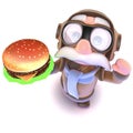 3d Funny cartoon airline pilot character holding a cheese burger fast food snack