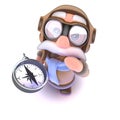 3d Funny cartoon airline pilot character holding a navigational magnetic compass