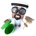 3d Funny cartoon Arab sheik character cleaning with a broom and trash can