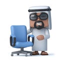 3d Funny cartoon Arab sheik character standing by an empty office chair