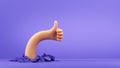 3d render, funny cartoon character elastic hand shows thumb up, like gesture. Broken floor with debris. Clip art isolated