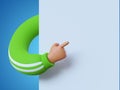 3d render, funny cartoon character hand in green sleeve, finger pointing to blank banner with copy space, white background. Royalty Free Stock Photo