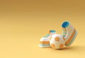 3d render, funny cartoon character legs with football background Design