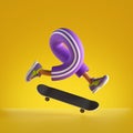 3d render, funny cartoon character legs and skateboard isolated on yellow background, skateboarder jump, extreme sport trick