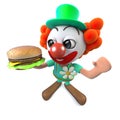 3d Funny cartoon clown character holding a cheese burger