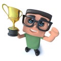 3d Funny cartoon computer nerd character holding a gold cup trophy prize award in triumph Royalty Free Stock Photo