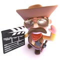 3d Funny cartoon cowboy making a movie using a clapperboard