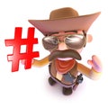 3d Funny cartoon cowboy sheriff holding a hashtag symbol