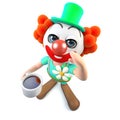 3d Funny cartoon crazy clown character drinking a cup of coffee