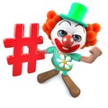 3d Funny cartoon crazy clown character holding a hashtag social media symbol