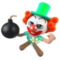 3d Funny cartoon crazy clown character holding a joke bomb