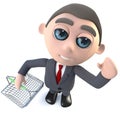 3d Funny cartoon executive businessman character holding a shopping basket